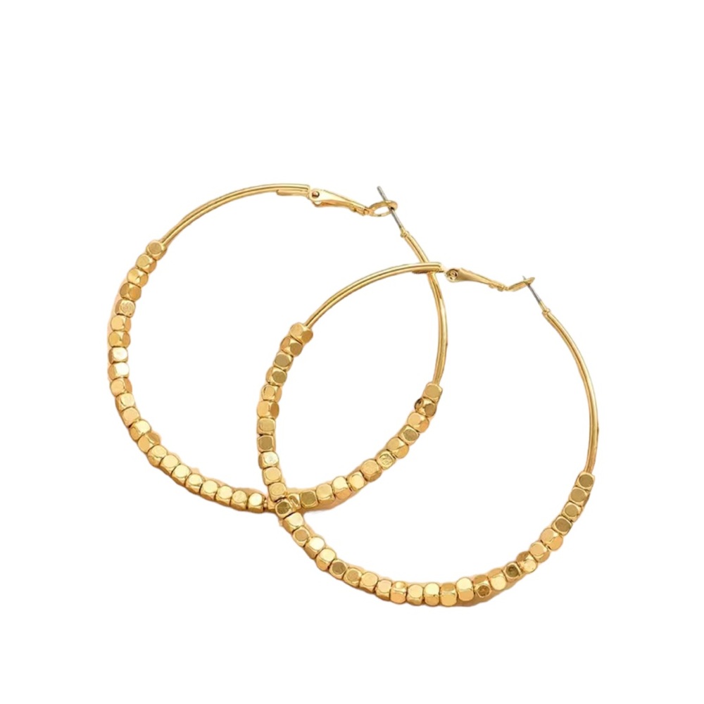 Golden Large Hoop Earrings with Mini Square Beads